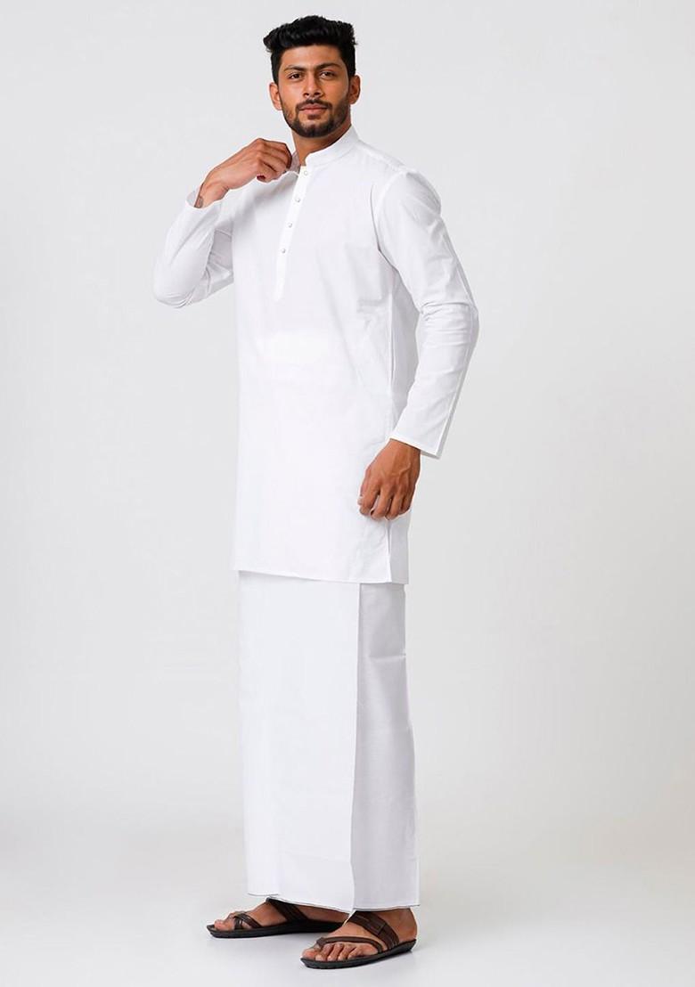White Cotton White Full Sleeves Medium Length Kurta With Dhoti Set For Men - Indya