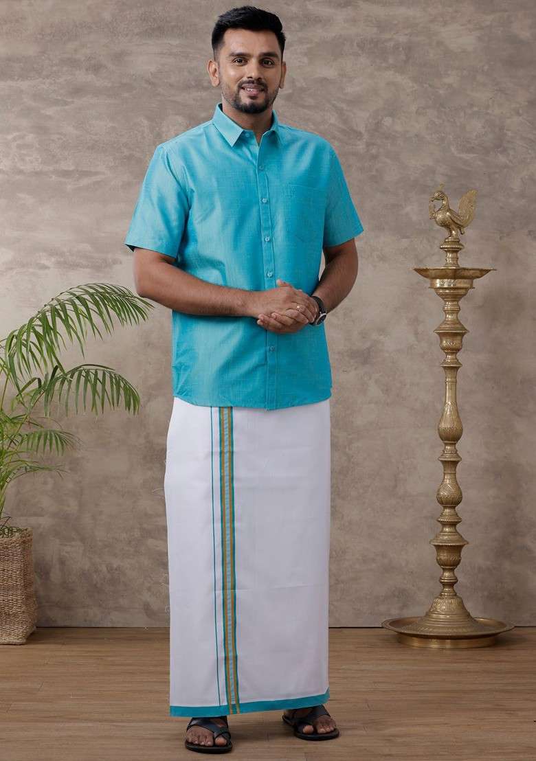 Blue Solid Traditional Cotton Shirt And Matching Fancy Border Dhoti For Men - Indya