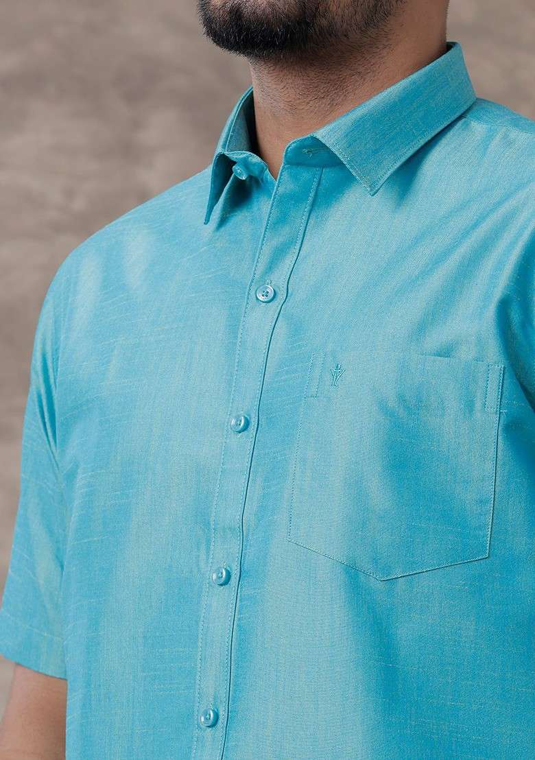 Blue Solid Traditional Cotton Shirt And Matching Fancy Border Dhoti For Men - Indya