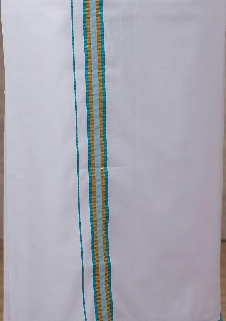 Blue Solid Traditional Cotton Shirt And Matching Fancy Border Dhoti For Men - Indya