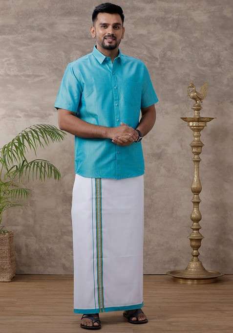 Blue Solid Traditional Cotton Shirt And Matching Fancy Border Dhoti For Men