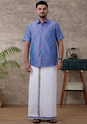 Blue Solid Traditional Cotton Shirt And Matching Fancy Border Dhoti For Men
