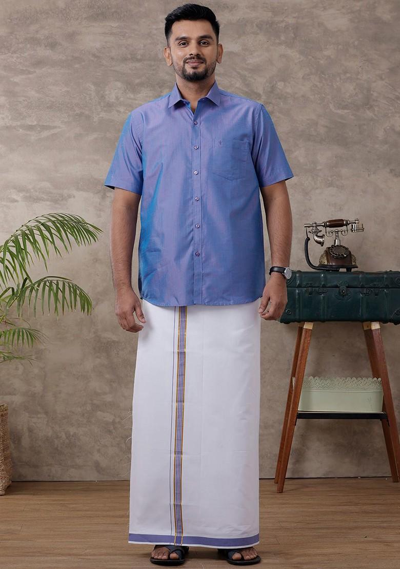 Blue Solid Traditional Cotton Shirt And Matching Fancy Border Dhoti For Men - Indya