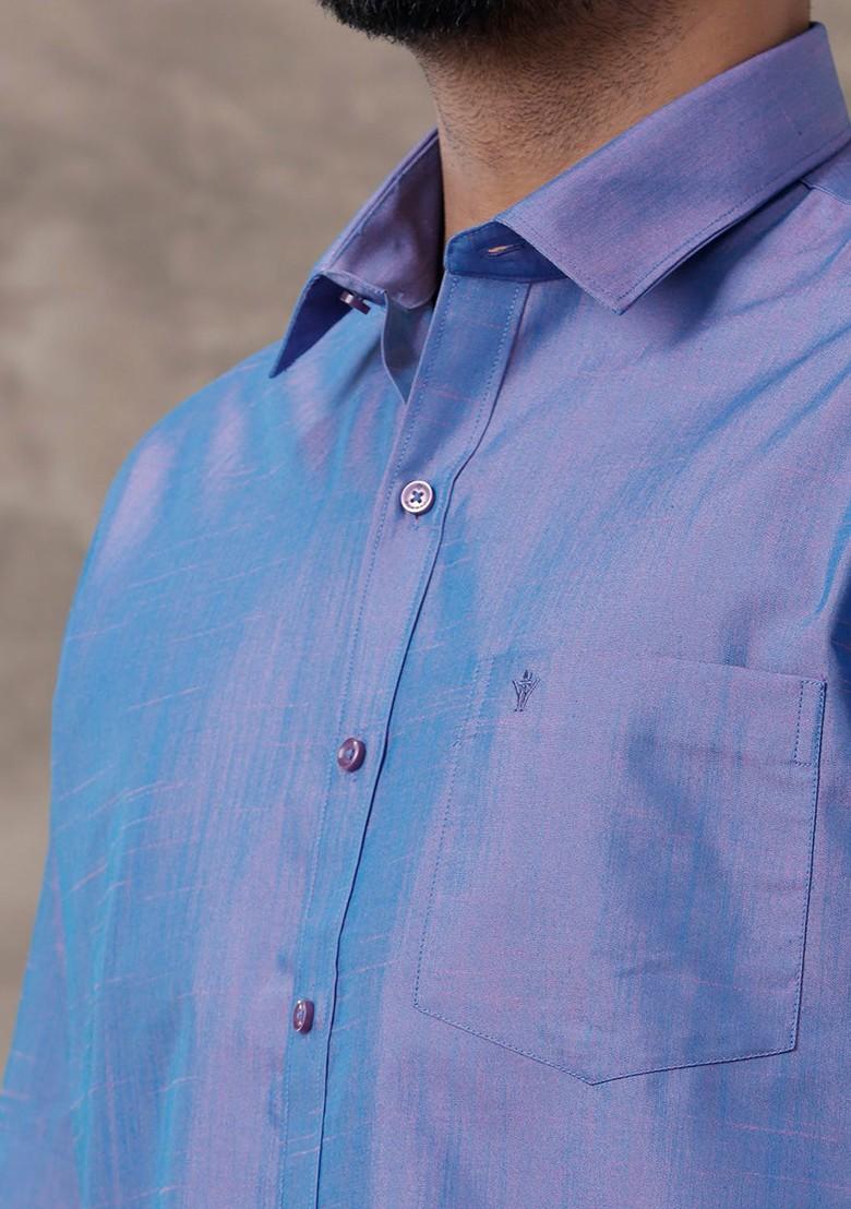 Blue Solid Traditional Cotton Shirt And Matching Fancy Border Dhoti For Men - Indya