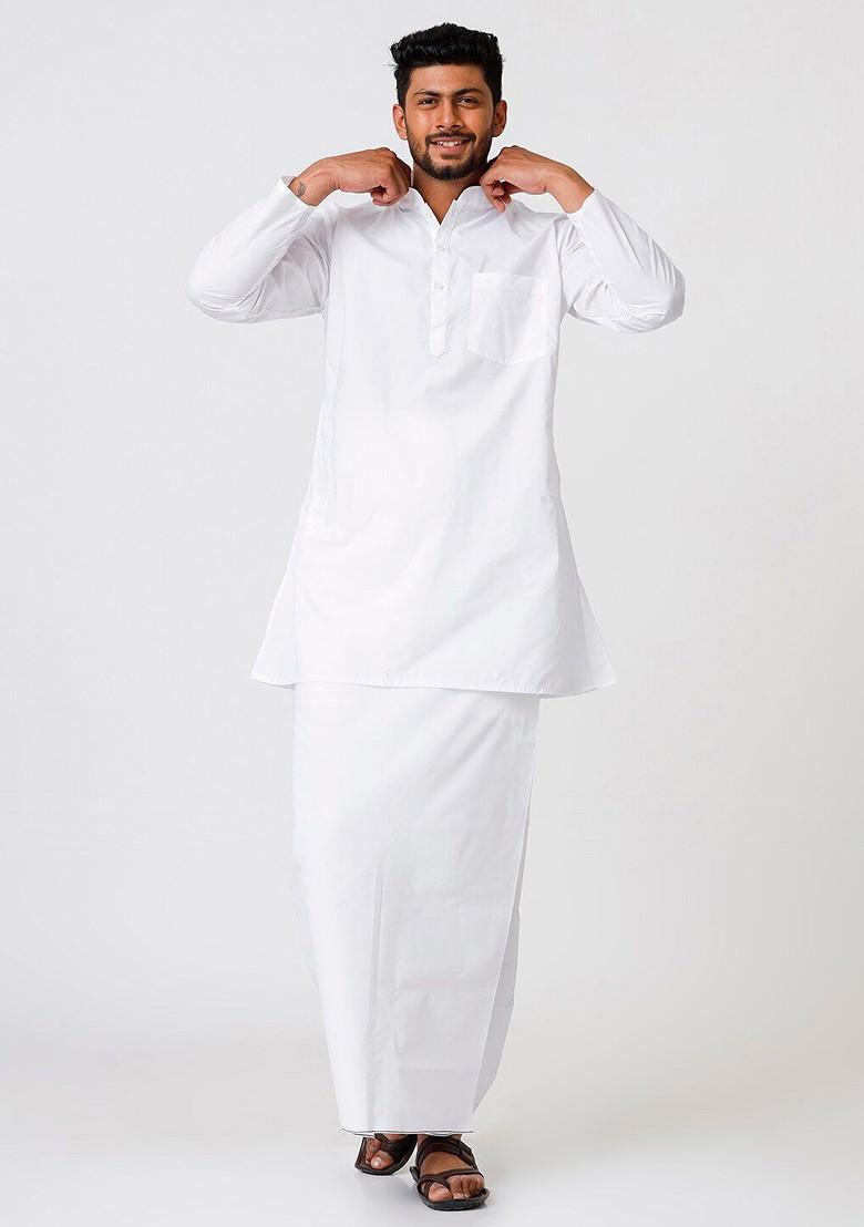 White Cotton Kurta With Dhoti For Men - Indya