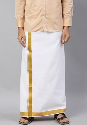White Cotton White Solid Gold Jari Border Double Layer Dhoti For Men
