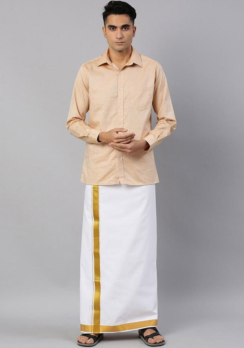 White Cotton White Solid Gold Jari Border Double Layer Dhoti For Men - Indya