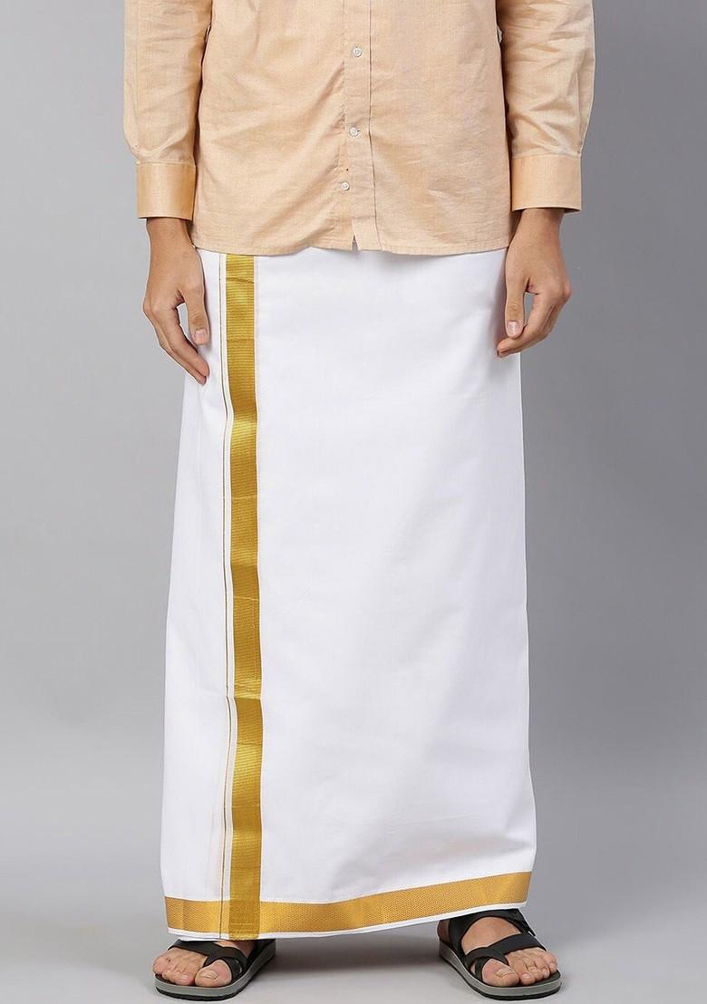 White Cotton White Solid Gold Jari Border Double Layer Dhoti For Men - Indya