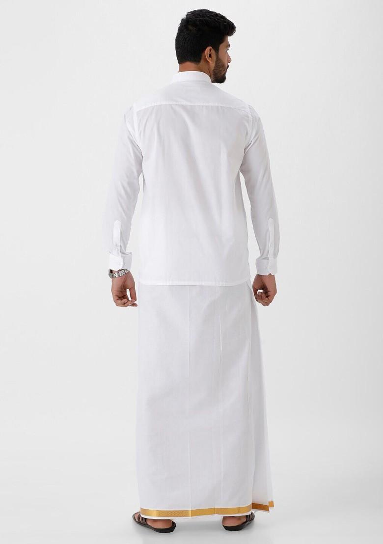 White Long Sleeves Pure Cotton Shirt With Dhoti For Men