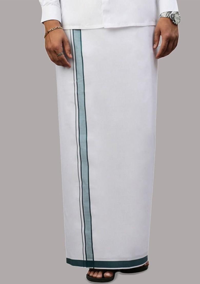 White Solid Single Layer Cotton Dhoti With Border For Men - Indya