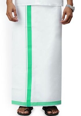 White Cotton Solid Single Layer Dhoti With Border For Men