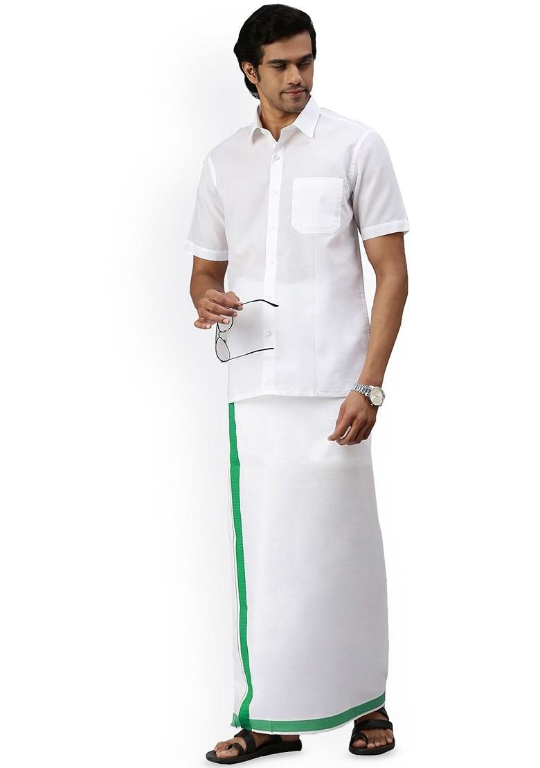White Cotton Solid Single Layer Dhoti With Border For Men - Indya
