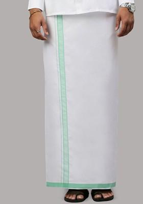 White Solid Single Layer Cotton Dhoti With Border For Men
