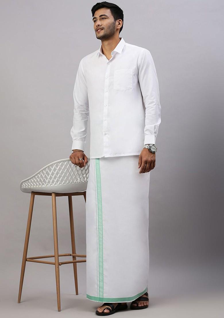 White Solid Single Layer Cotton Dhoti With Border For Men - Indya