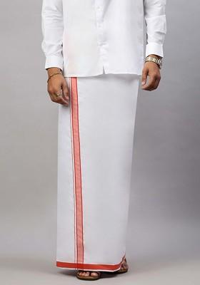 White Cotton Solid Single Layer Dhoti With Border For Men