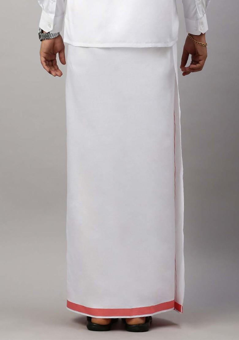 White Cotton Solid Single Layer Dhoti With Border For Men - Indya