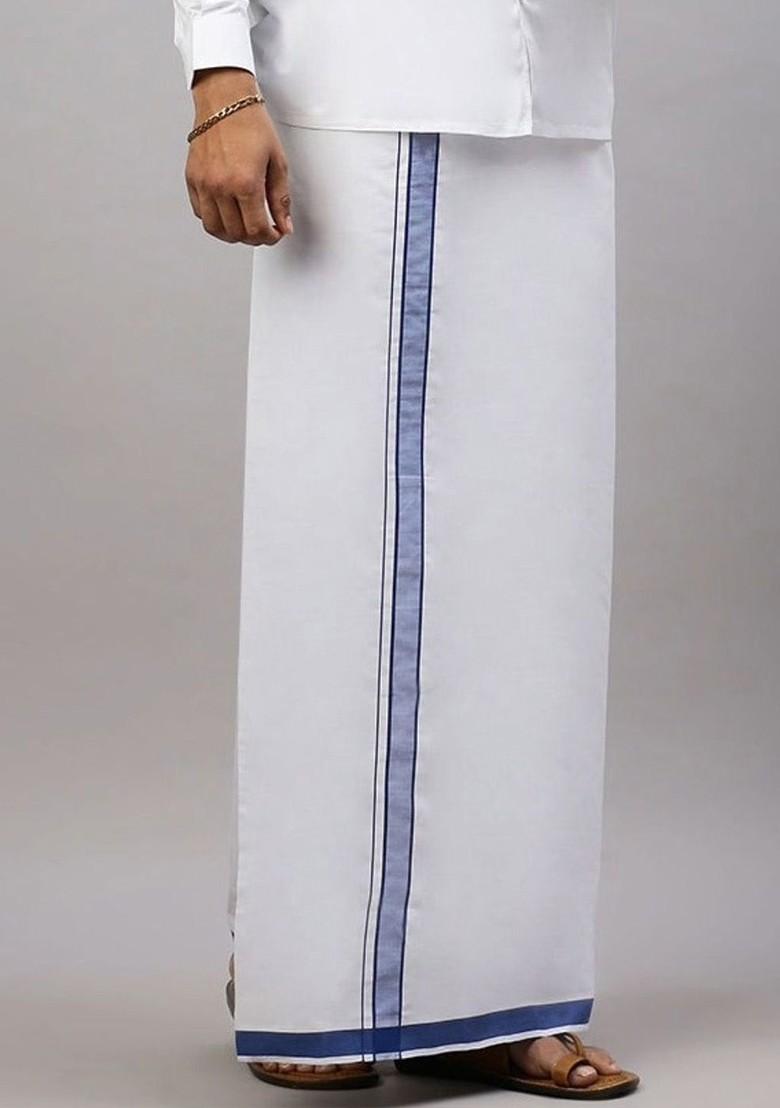 White Solid Single Layer Cotton Dhoti With Border For Men - Indya