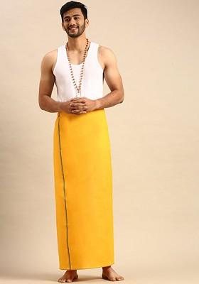 Yellow Cotton Solid Devotional Single Layer Dhoti With Border For Men