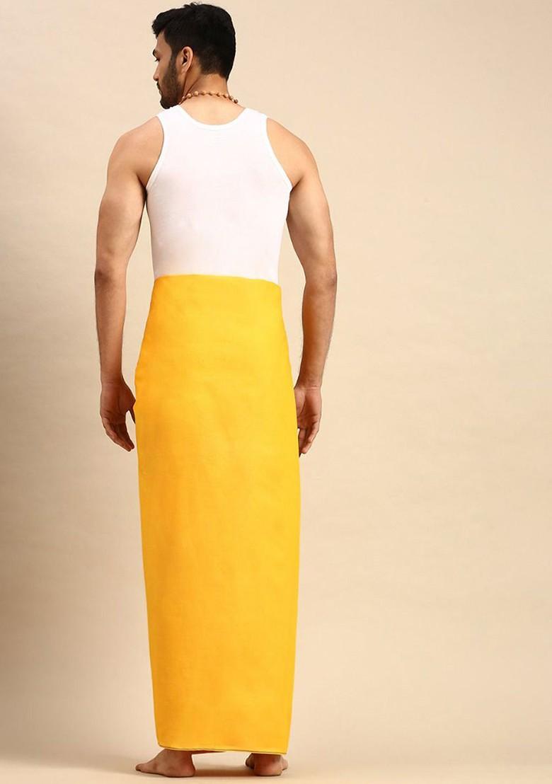 Yellow Cotton Solid Devotional Single Layer Dhoti With Border For Men - Indya