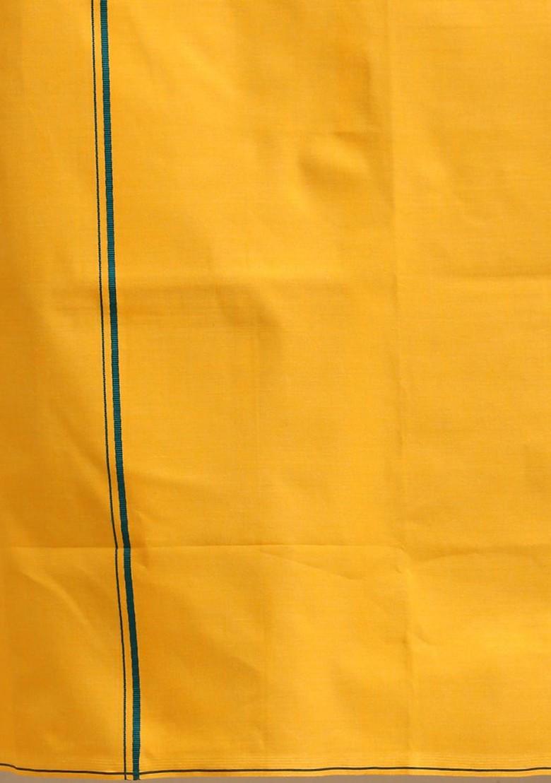 Yellow Cotton Solid Devotional Single Layer Dhoti With Border For Men - Indya