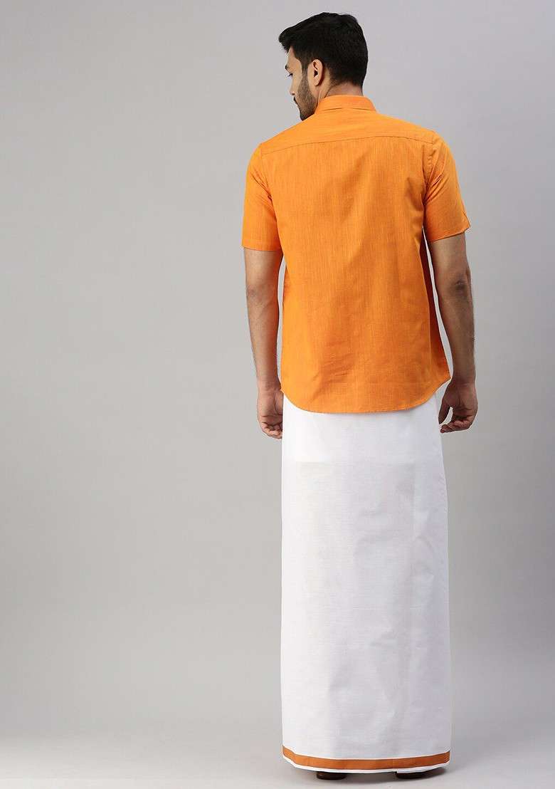 Orange Solid Cotton Shirt With Dhoti Set For Men - Indya