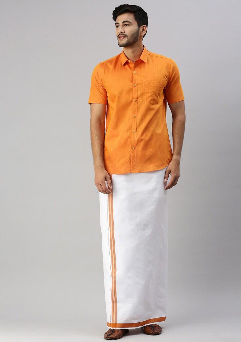 Orange Solid Cotton Shirt With Dhoti Set For Men - Indya