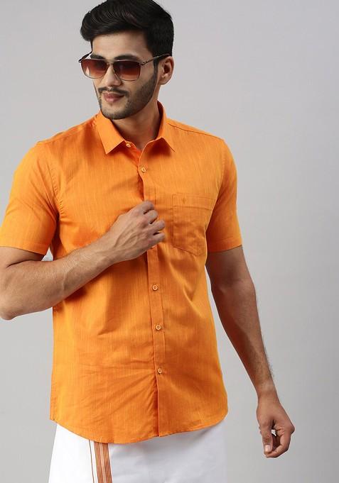 Orange Solid Cotton Shirt With Dhoti Set For Men