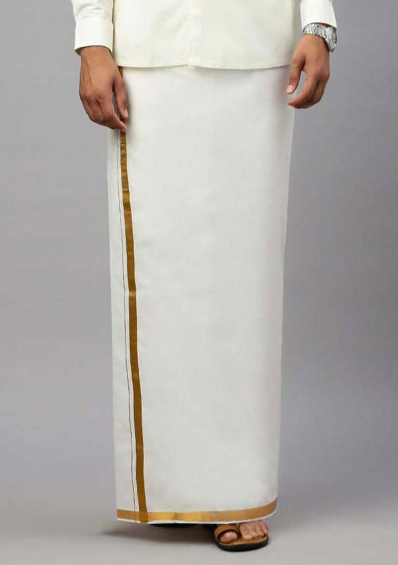 White Zari Border Mid Rise Pure Cotton Dhoti For Men