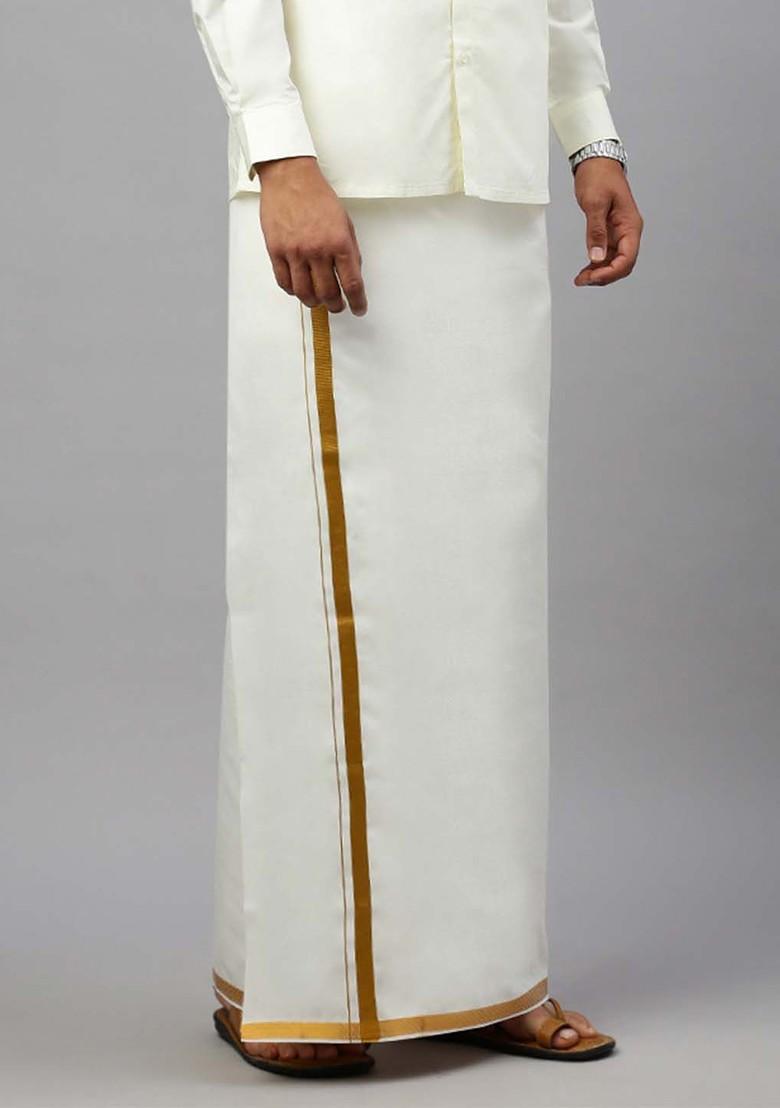 White Zari Border Mid Rise Pure Cotton Dhoti For Men - Indya