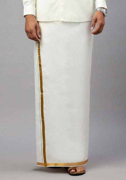 White Zari Border Mid Rise Pure Cotton Dhoti For Men
