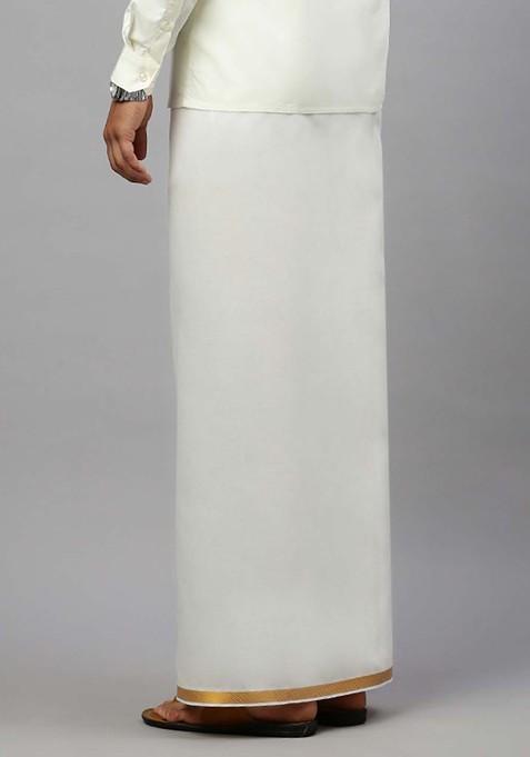 White Zari Border Mid Rise Pure Cotton Dhoti For Men