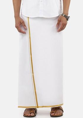 White Cotton Solid Gold Jari Border Single Layer Dhoti For Men