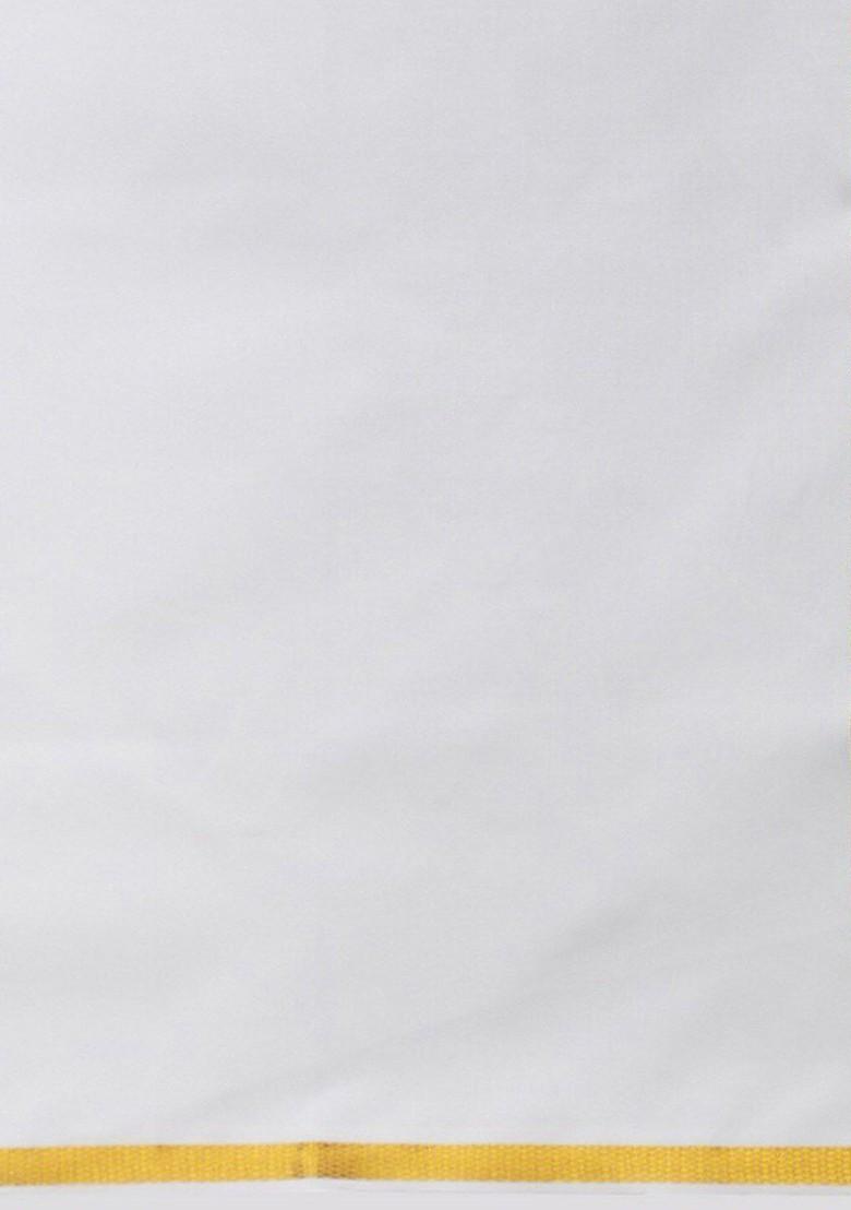 White Cotton Solid Gold Jari Border Single Layer Dhoti For Men - Indya