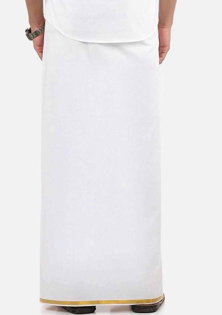 White Cotton Solid Gold Jari Border Single Layer Dhoti For Men - Indya