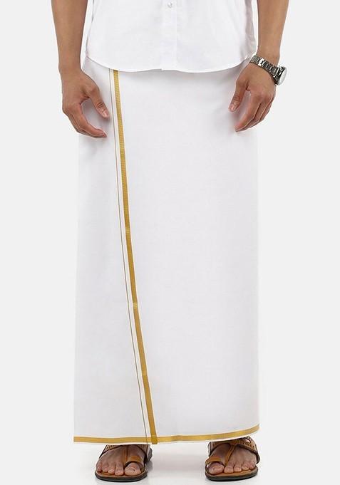 White Cotton Solid Gold Jari Border Single Layer Dhoti For Men