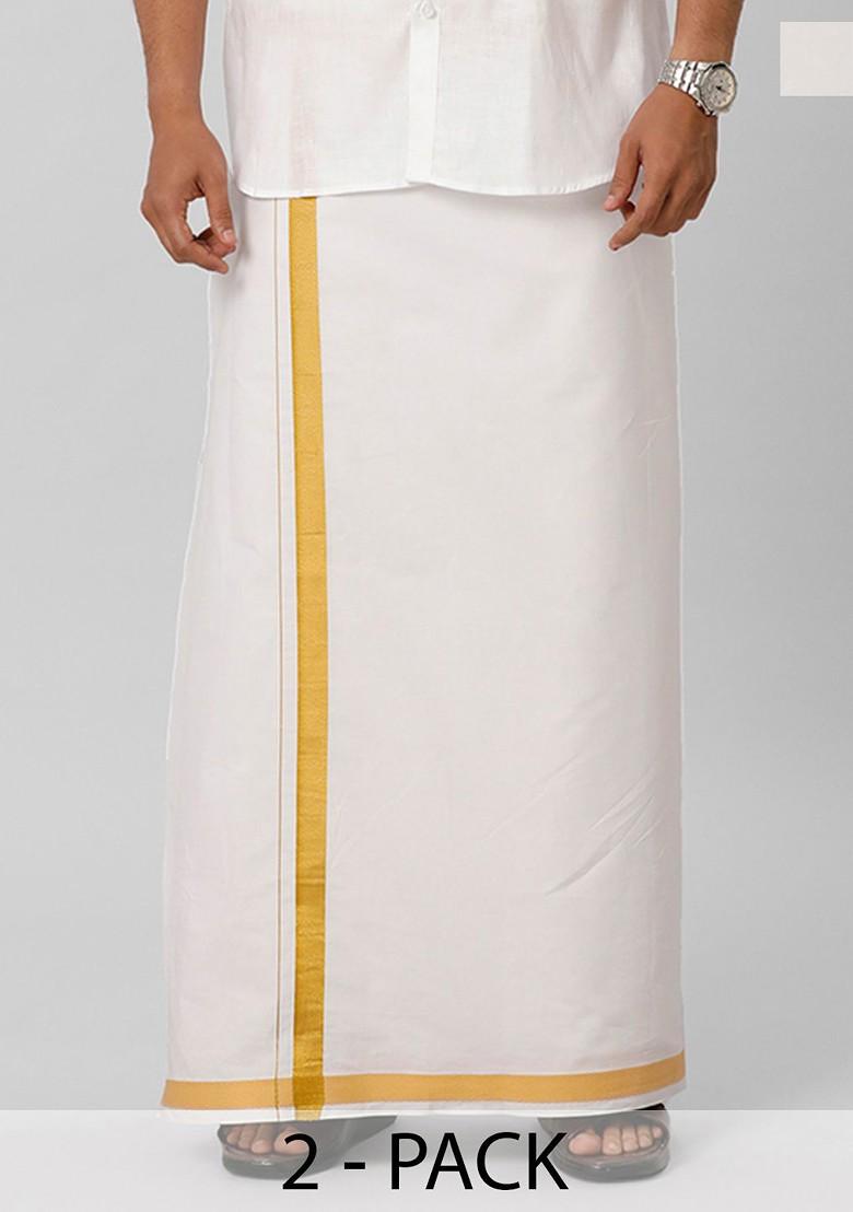 White Pack Of 2 Zari Pure Cotton Dhotis For Men - Indya