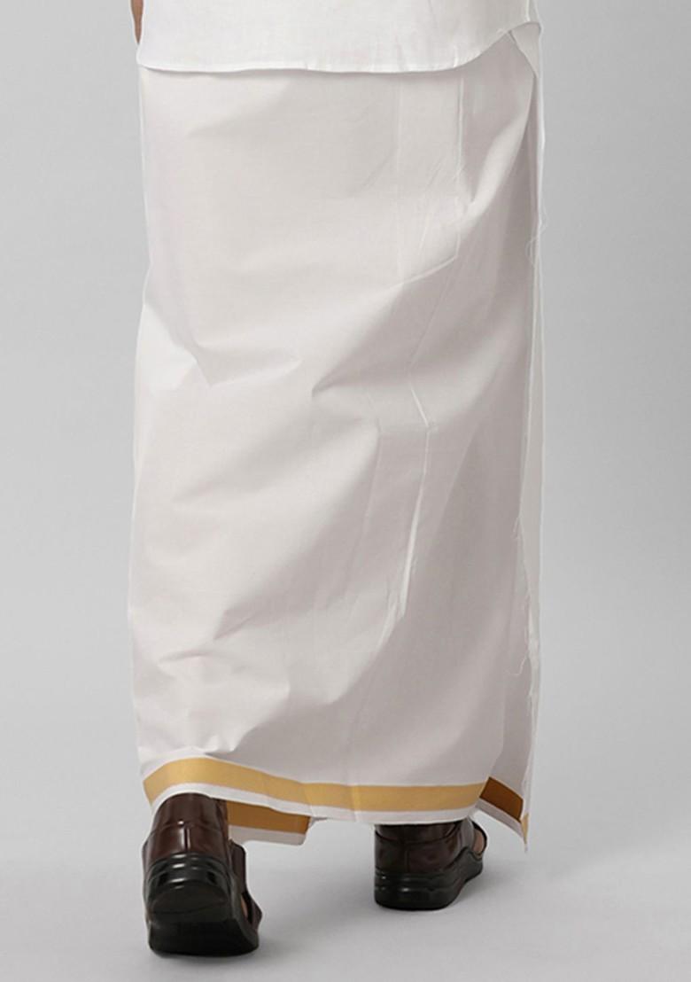 White Pack Of 2 Zari Pure Cotton Dhotis For Men - Indya