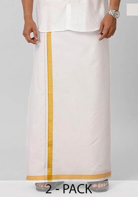White Pack Of 2 Zari Pure Cotton Dhotis For Men — view on Indya