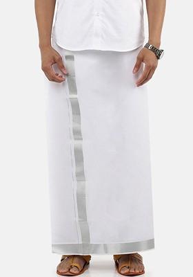 White Cotton Solid Silver Jari Border Single Layer Dhoti For Men