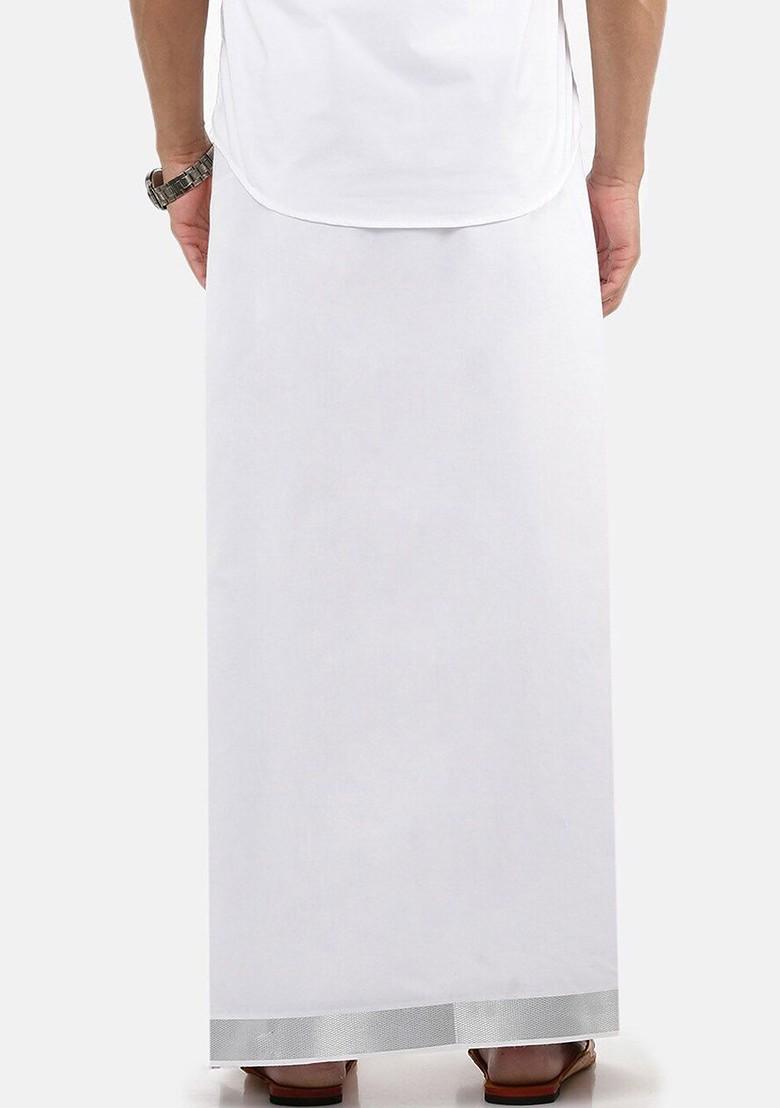White Cotton Solid Silver Jari Border Single Layer Dhoti For Men - Indya
