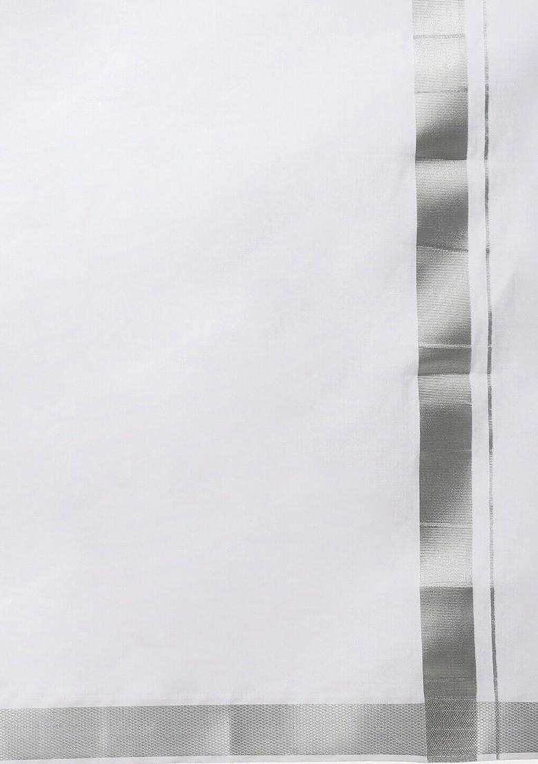 White Cotton Solid Silver Jari Border Single Layer Dhoti For Men - Indya