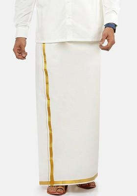 Cream Pure Cotton Single Layer Off White Dhoti With Gold Toned Border For Men