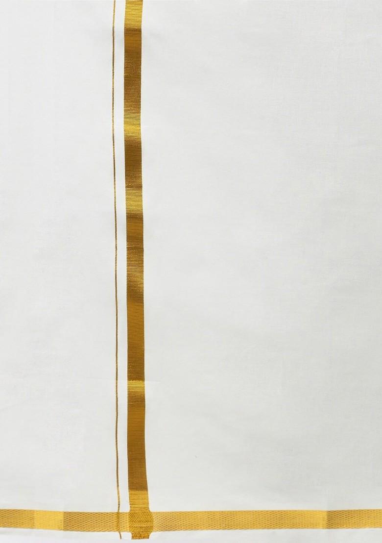Cream Pure Cotton Single Layer Off White Dhoti With Gold Toned Border For Men - Indya