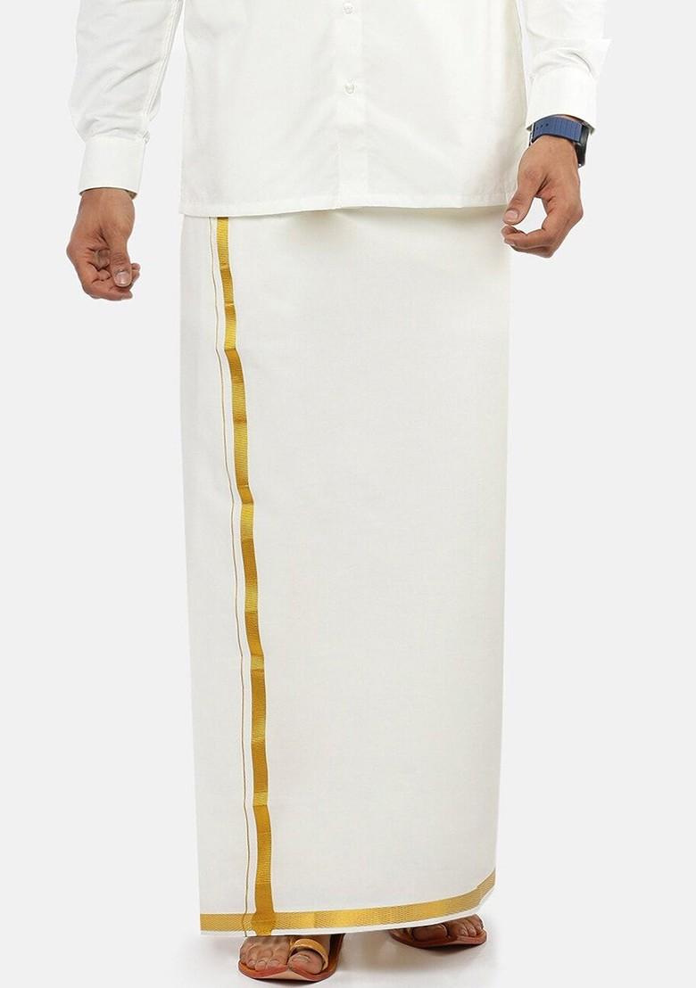 Cream Pure Cotton Single Layer Off White Dhoti With Gold Toned Border For Men - Indya
