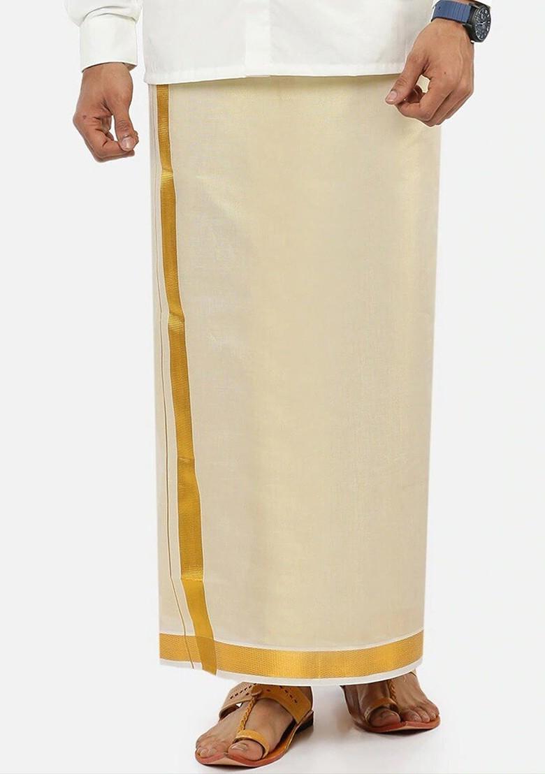 Cream Tissue Gold Solid Gold Jari Border Single Layer Dhoti For Men