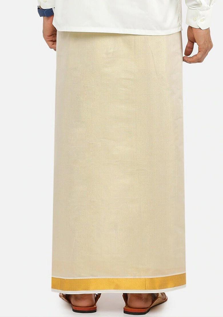 Cream Tissue Gold Solid Gold Jari Border Single Layer Dhoti For Men - Indya