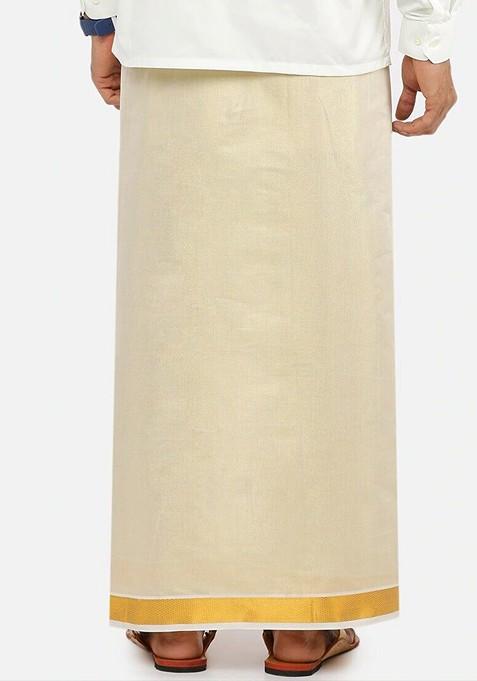 Cream Tissue Gold Solid Gold Jari Border Single Layer Dhoti For Men