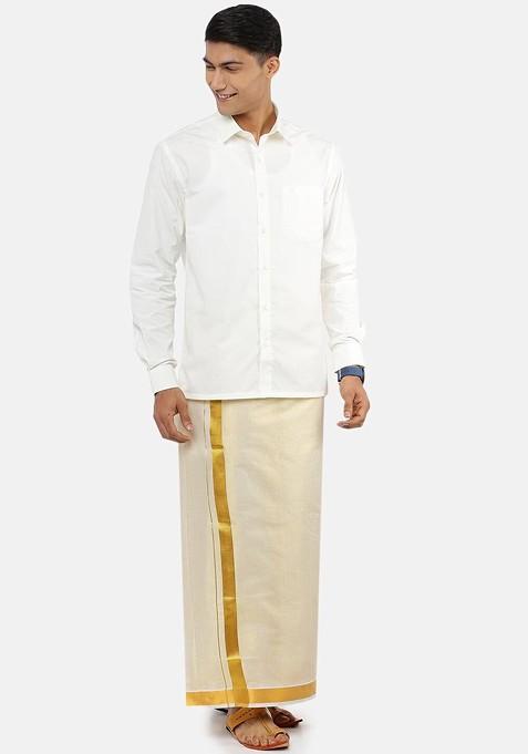 Cream Tissue Gold Solid Gold Jari Border Single Layer Dhoti For Men