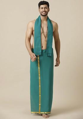 Green Cotton Green Solid Devotional Gold Jari Border Single Layer Dhoti For Men