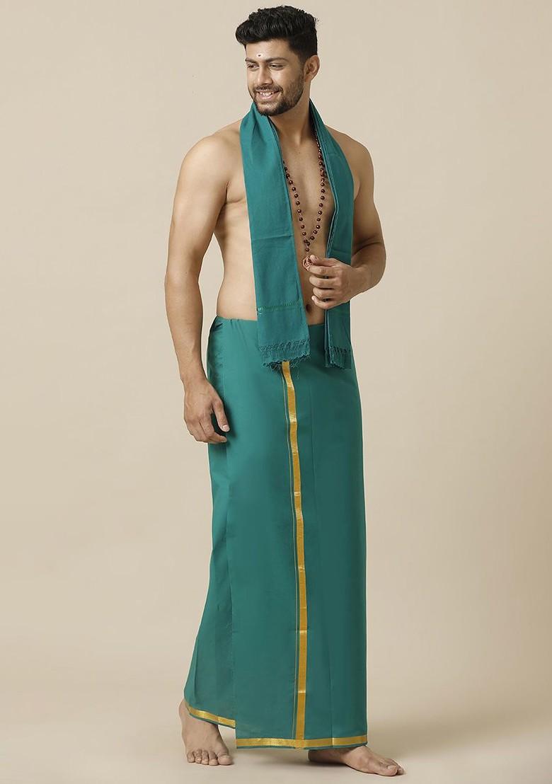 Green Cotton Green Solid Devotional Gold Jari Border Single Layer Dhoti For Men